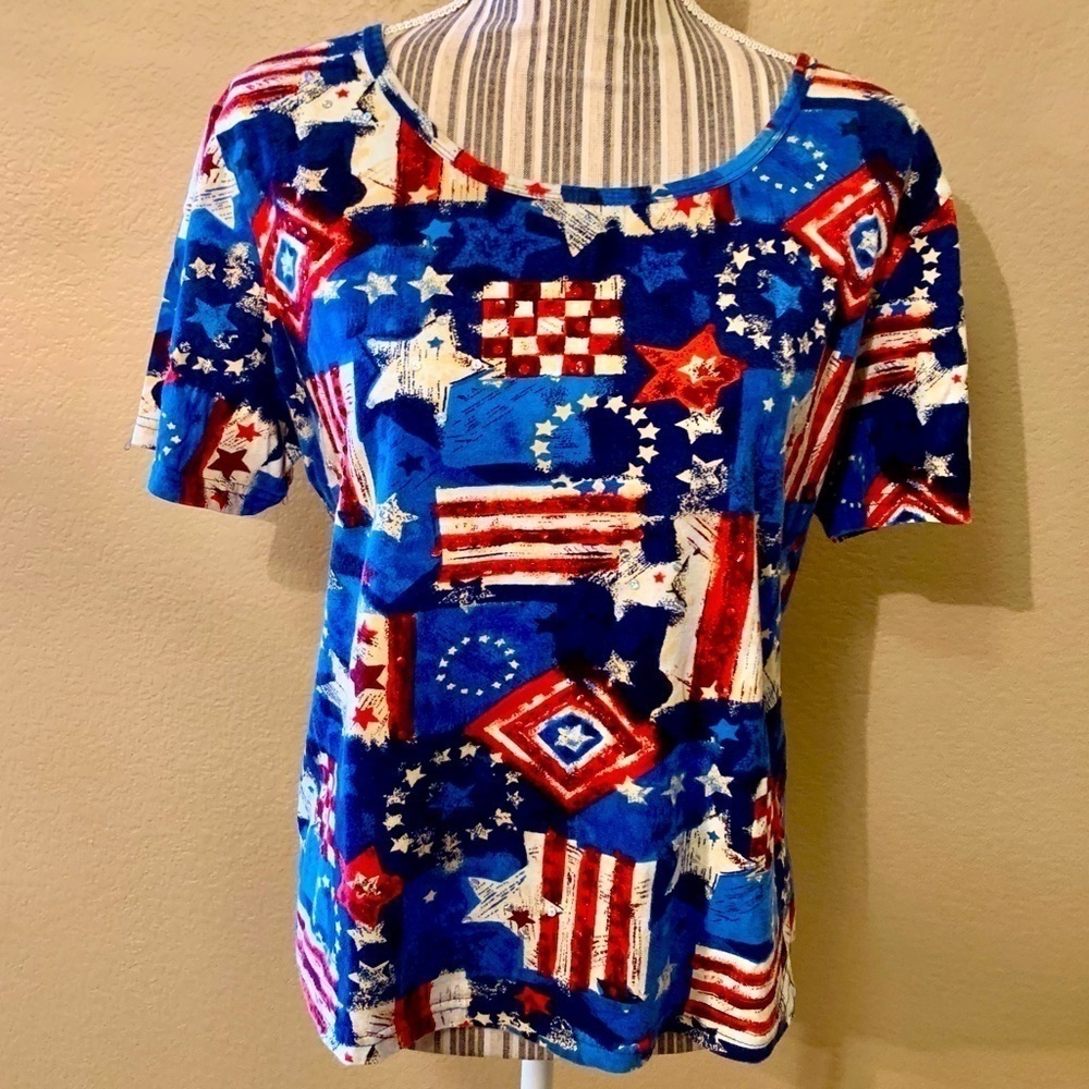 Collections Etc Tee Large Red White Blue Taupe 100% Cotton Sequins July 4th